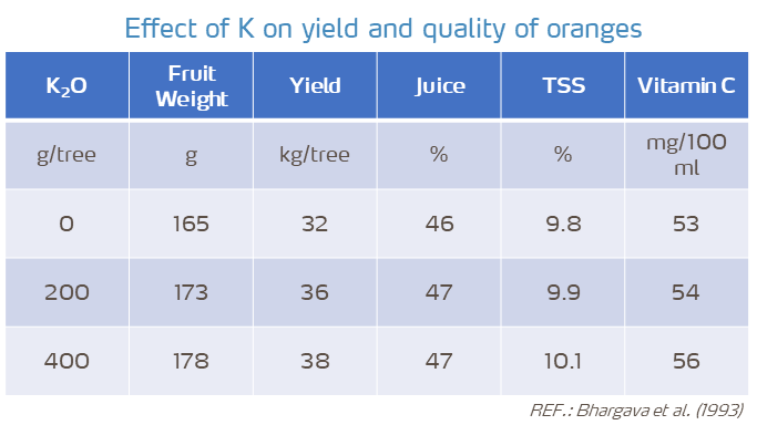 effect of k on orange yield and quality